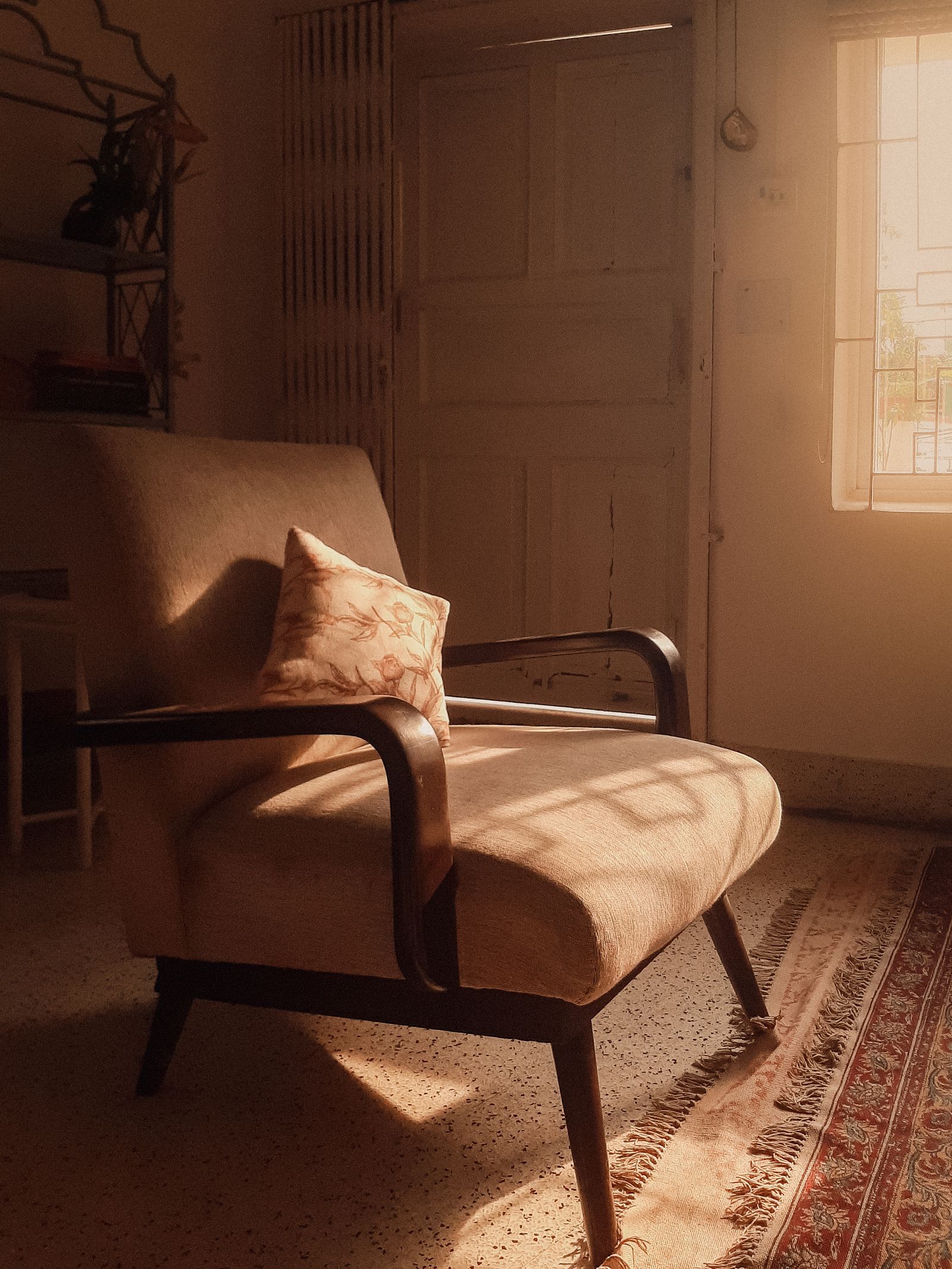The Ashford reading chair in cream upholstery with dark bentwood arms, lit by low afternoon sun.